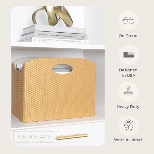 BLU MONACO | Gold Magazine Holder | Woven PVC Leather Organizer with MDF Frame | Floor or Table Storage for Home Office Bathroom | Large Capacity Vertical File Basket - color: Gold