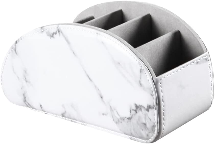 Arnice PU Leather Remote Holder, Arc Shape Caddy Desktop Organizer with 5 Spaces for TV, DVD Remotes, Media Controllers, Pen, Pencil, Office Supplies (White) - color: White