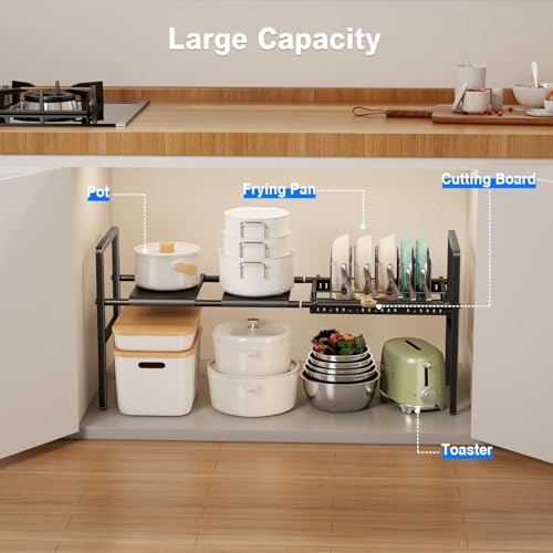 Mustorn Pots and Pans Organizer Under Cabinet, Expandable 1 Tier Under Sink Organizers and Storage Adjustable Height Kitchen Pot and Pan Lid Holder Rack with 6 Dividers Under Cabinet Shelf(Black) - size: 2panels &1 pot rack-1 Tier