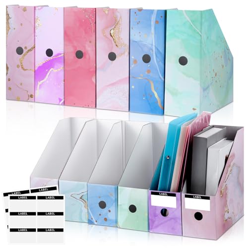 PerKoop 6 Pcs Decorative Magazine File Holders Floral Foldable File Folders Magazine Storage Boxes Rack Desk Organizer Documents with Printable Labels for School Office Home (Marble) - style: Marble