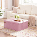 HAUSFRAU 31.5 Inches Ottoman with Storage Bench, Folding Ottoman Bench Small Foot Rest Stool, Bedroom Bench with Flipping Lid, Faux Leather Pink - color: Pink, size: 13"D x 31.5"W x 13"H