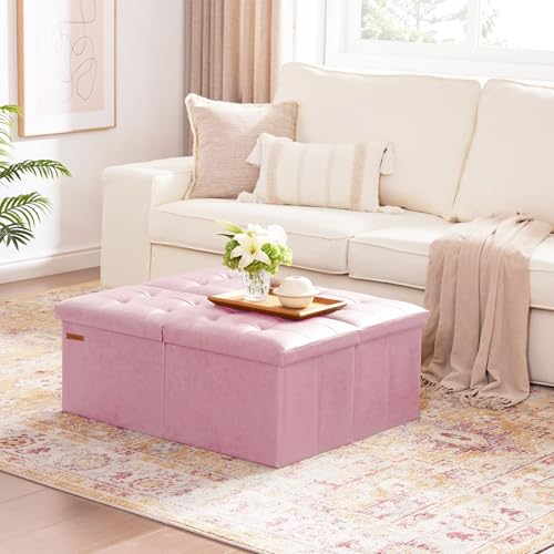 HAUSFRAU 31.5 Inches Ottoman with Storage Bench, Folding Ottoman Bench Small Foot Rest Stool, Bedroom Bench with Flipping Lid, Faux Leather Pink - color: Pink, size: 13"D x 31.5"W x 13"H