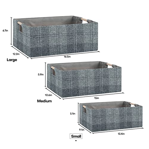 Fabric Storage Bin Box Collapsible Cotton Linen Storage Cube with Wooden Handles Rectangular Decorative Home Organizer Clothes Blanket Basket– Dark Gray Plaid, Small - color: Dark Gray Plaid, size: Small