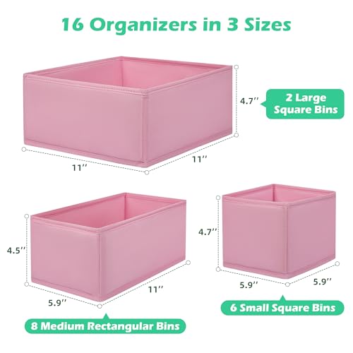 Drawer Clothing Organizer 16-Pack, Pink 3 Sizes Underwear Drawer Dividers, Fabric Folding Wardrobe Organizer for Baby Clothes, Bras, Underwear, Underpants, Belts, Socks, Ties, etc. - color: Pink