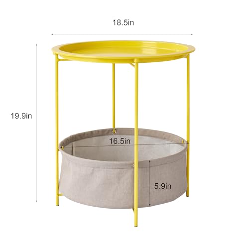 VECELO Round Side/End Table with Fabric Storage Basket，Metal Anti-Rust and Waterproof Small Bedside Nightstand with Removable Tray Top for Living Room，Balcony & Laundry，Yellow /2pcs with Basket - color: Yellow, size: 2 PCS with Basket