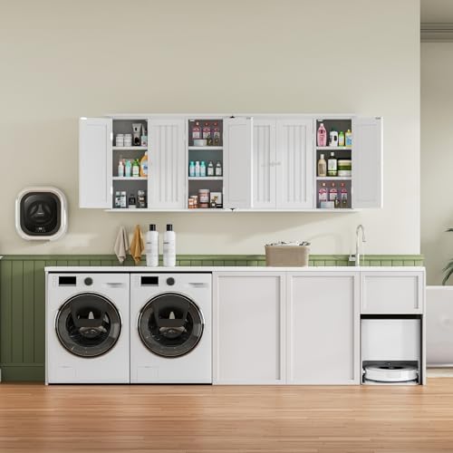 ChooChoo Bathroom Wall Cabinet with 3 Doors, Laundry Cabinet Wall Mounted, Medicine Cabinet with Adjustable Shelves, Hanging Kitchen Cupboard Organizer, White - color: White, size: 9.06"D x 31.1"W x 23.4"H