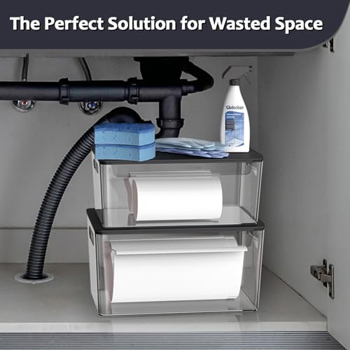 COAZEX 2 Pack Trash Bag Holder Under Sink Stackable, Plastic Garbage Bag Dispenser with Lid, Trash Bag Storage Dispenser Roll Holder for Kitchen, Pantry, Laundry Room Organization (Black Lid) - color: C-Clear(Black Lid)