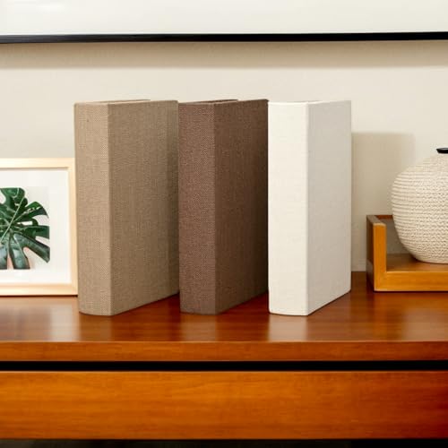 DECOR4SEASON Modern Linen and Wood Decorative Book Boxes, Set of 3 Earthy Neutral Faux Books for Bookshelf Decor, Coffee Table Storage Trays for Remotes & Jewelry, Brown, Taupe, and Off-White - color: Brown,Taupe,Off-White, size: 10"