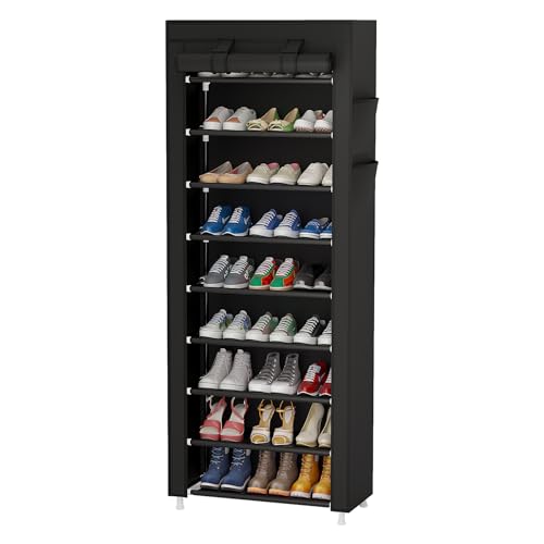 Calmootey 9 Tier Shoe Rack Organizer,Portable Shoe Shelf with Nonwoven Fabric Cover for Closet Hallway,Bedroom,Entryway,Black | Organizer - color: Black, size: 9-tier(23.62"W)
