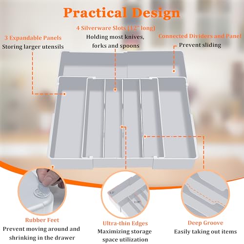 Spaclear Expandable Large Silverware Organizer - BPA-Free Food-Safe Kitchen Utensil Drawer Organizer, Adjustable 4-7 Deeper Slots Cutlery Tray for Forks Knives, Kitchen Organizers and Storage Solution - color: Grey