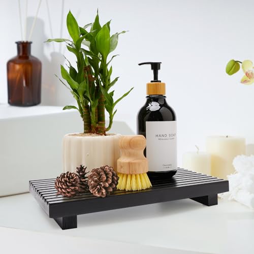 Renawe Black Bathroom Counter Organizer Wooden Display Pedesta Stand Kitchen Countertop Trays Farmhouse Wood Riser Dish Soap Dispenser Holder for Bathroom Decor Kitchen Sink Accessories Vanity Tray - color: Black, size: 10x6 inch