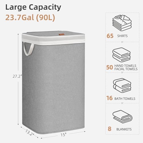STORAGE MANIAC Metal Frame Laundry Hamper with Lid, 90L Tall Laundry Baskets with Removeable Bag, Large Clothes Hamper with PU Tag, Laundry Bin for Dorm, Collage, Bathroom, Bedroom, Gray - size: 1 Section