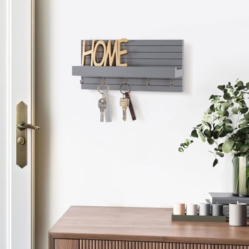 Lwenki Decorative Key Holder for Wall with Shelf, Entryway Shelf with Hooks Holds Leashes, Jackets and Glasses – Sturdy Wood Keyholder Entrance Hanger with Mounting Hardware (Gray, Medium) - color: Gray, size: Medium