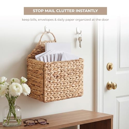 Boho Water Hyacinth Hanging Wall Basket, Flat Back Woven Storage Organizer for Mail, Books and Magazines, Decorative Wall Basket for Entryway and Farmhouse Home