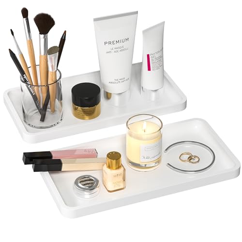 Weenson Bathroom Vanity Trays for Countertop Toiletries Decor Candle Perfume Makeup, Kitchen Tray for Soap Dispenser Spice Salt Oil, White Tray for Toilet Tank Coffee Nightstand Set of 2 - color: White, size: 2 Pack 11.8"L x 6.1"W x 0.8"H
