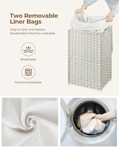 Greenstell Laundry Hamper with Lid, 60L Clothes Hamper with 2 Removable Liner Bags & 2 Mesh Bags, Handwoven Synthetic Rattan Basket, Toys in Bathroom, Bedroom White - color: White, size: 60L (13.4 x 13.4 x 21.7 inches)