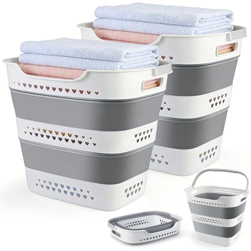 Collapsible Laundry Baskets Foldable Pop Up Laundry Hamper Plastic with Comfort Handles Folding Laundry Basket Space Saving Portable Dirty Clothes Hamper Storage Container/Organizer (Grey, 2 Packs)