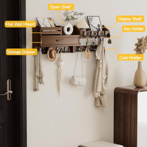 Wall Mounted Coat Rack with Shelf & Drawer, Heavy Duty Solid Wood Entryway Organizer, 29’’ Coat Rack Wall Mount with 12 Metal Hooks, Key & Mail Holder for Living Room, Bedroom