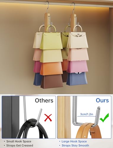 NiHome Wooden Purse Organizer for Closet, 8 Extra-Wide Metal Hooks Handbag Hanger, Space-Saving Hanging Bag Holder & Purse Rack for Closet Organization (Natural, 2 Pack) - color: Natural, size: 2 Pack