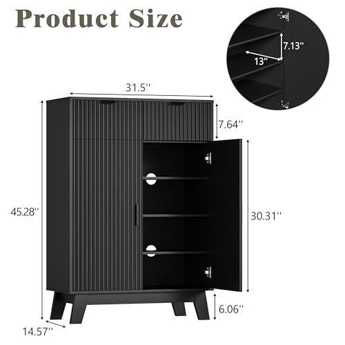 Shoe Cabinet Storage for Entryway, 4 Tier Fluted Shoe Storage Cabinet with 2 Drawers, Narrow Hidden Shoe Organizer with Adjustable Shelves, Freestanding Shoe Rack for Entryway, Hallway, Black - color: Black, size: 4 Tier