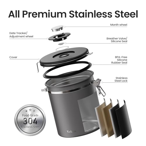 Veken Coffee Canister, Airtight Stainless Steel Kitchen Food Storage Container with Date Tracker and Scoop for Beans, Grounds, Tea, Flour, Cereal, Sugar, 16OZ, Gray - color: Gray, size: 16 oz