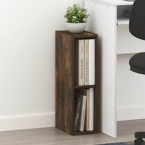 Furinno Fulda Book Shelf, 2-Tier Narrow Bookshelf, Bookcase with 6-in Width Storage Shelf, 9.3 x 5.9 x 21.2, for Living Room, Bedroom, Home Office, Amber Pine - color: Amber Pine, size: 2-Tier, 6-Inch Width
