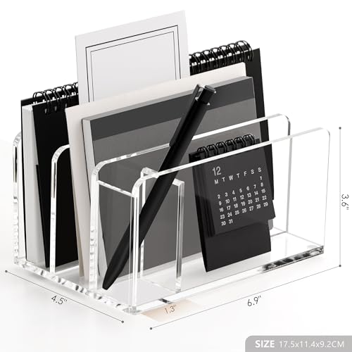 SANRUI Acrylic Mail Organizer, 3 Compartments Clear File Holder for Desk, Letter Sorter with Pen Holder, Countertop Document Sorter for Notebooks, Bills & Eyeshadow Palettes - style: 3 Sections with Pen Holder