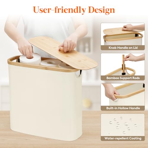 Lifewit Toilet Paper Storage Holder for 12 to 16 Rolls, Free Standing Toilet Paper Basket Stand with Bamboo Lid, Collapsible Fabric Bathroom Organizer Box for Mega Rolls, 30L, Extra Large, White - color: White, size: 30L
