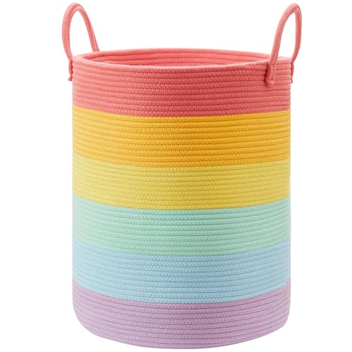 80L Extra Large Rainbow Laundry Hamper Basket for Girls Kids Tall Unicorn Baby Nursery Hamper for Clothes Woven Rope Blanket Toy Basket in Living Room Playroom Bedroom 16"D x 22"H - color: Rainbow, size: Extra Large (80L)