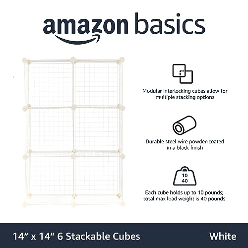 Amazon Basics 6 Cube Wire Grid Storage Organizer, Stackable Storage Cubes, Modular Closet Organizer Shelves, 14.6" D x 30.3" W x 44.8" H, White - color: White