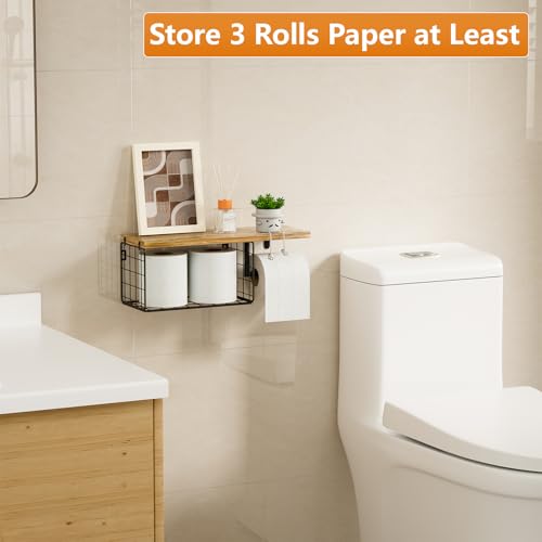 VITVITI Toilet Paper Holder with Shelf, Wall Mounted Toilet Paper Storage Basket, Wood Metal Toilet Roll and Wipes Holder for Bathroom Farmhouse (Brown) - color: Brown