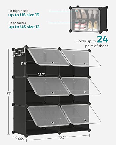 SONGMICS Shoe Rack Organizer, 6-Tier Shoe Storage Cabinet for Closet and Entryway, Holds 24 Pairs of Shoes, Adjustable, Ink Black and Trasparent ULPC033B01 - color: Ink Black + Trasparent, size: 6 Cubes