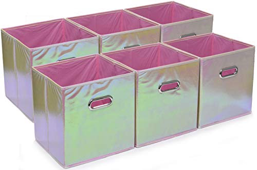 Handy Laundry 6-Pack Foldable Cube Storage Bins – Decorative Collapsible Organizer for Shelves, Closets, Underbed, Clothes, or Kids’ Toys (Shiny Pink) - color: Shiny Pink