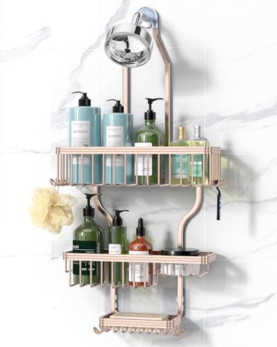 YASONIC Shower Caddy Hanging - Never Rust Shower Organizer - Aluminum over The shower head caddy with 10 Hooks for Razor/Sponge - Shower Rack with Soap Basket - Rose Gold - color: Rose Gold