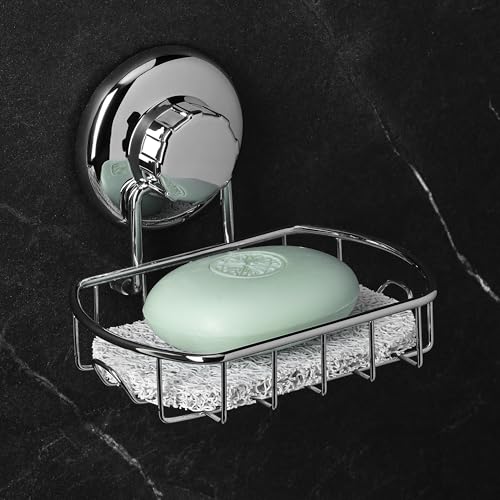 HASKO Suction Cup Soap Dish for Shower Wall, Rustproof Stainless Steel Shower Soap Holder for Bathroom with Hooks and Soap Saver, Includes Optional No Drill Adhesive Mount, Silver - color: Silver
