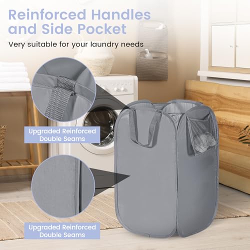 HOUSE AGAIN Upgraded Pop Up Hampers for Laundry, Collapsible Laundry Basket with Durable Handles & High Carbon Steel Frame, Wide Opening, Solid Bottom and Side Pocket for Clothes and Storage(Grey) - color: Grey, size: 1-Pack