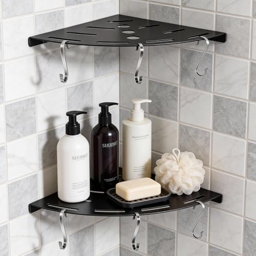 Shower Corner Shelf 304 Stainless Steel Shower Caddy 2 Tier Shower Organizer Niche with Extra 6 Hangers Shelves 40 lbs Large Capacity Shower Shelf for Inside Anti-Rust Drilling Installation(Black) - color: Black Thickness 2mm 2pcs