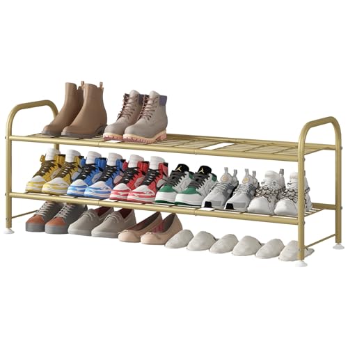LINZINAR Shoe Rack Long 2 Tier Shoe Storage Organizer Metal Wide Shoe Shelf for Closet Entryway Bedroom 18 Paris Large Capacity, Gold - color: Gold, size: 2-Tier