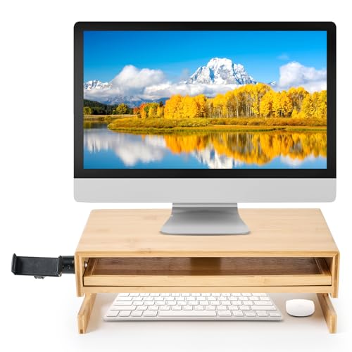 Monitor Stand Desk Top Organizer with Storage Drawer & Phone Holder,Bamboo Monitor Stand with Keyboard Tray, Wide Monitor Riser Non Slip Desk Riser
