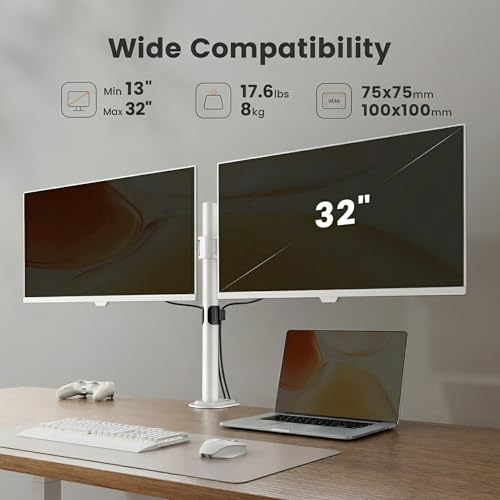 ErGear Fully Adjustable Dual Monitor Mount for 2 Screens up to 32 Inches, Holds up to 17.6 lbs Each Arm, Desk Stand, White - color: White, size: 13" - 32"