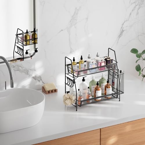 VITVITI 2-Tier Bathroom Organizer Countertop, Metal Wire Mesh Bathroom Counter Organizer Storage with Basket Hooks, Vanity Tray Shelf, Kitchen Spice Rack, Small Black - color: Small Black Wire Mesh