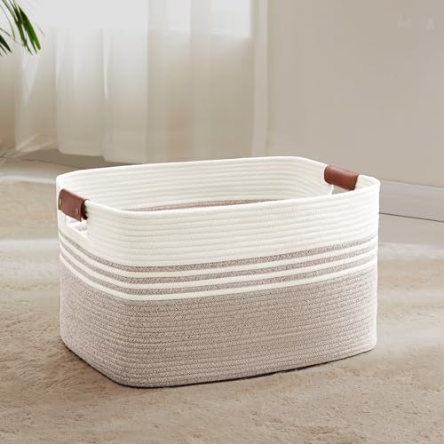 60L Large Laundry Basket with Leather Handles for Living Room Storage, Woven Rope Baskets Bin for Blanket, Kids Toy, Gifts, Wicker Hamper for Bedroom Dirty Clothes, White Brown - color: Brown, size: 60L
