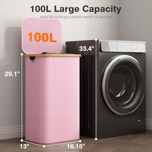 100L Laundry Hamper with Lid, Large Laundry Basket with Bamboo Handles, Clothes Hampers for Laundry with Removable Bag, Dirty Clothes Hampers for Bedroom Aesthetic, Pink - color: Pink