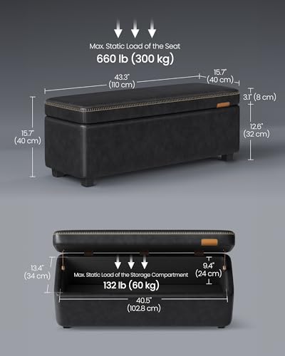 VASAGLE EKHO Collection - Storage Ottoman Bench, Entryway Bedroom Bench, 25 Gallons, Synthetic Leather with Stitching, Mid-Century Modern, Safety Hinges, Loads 660 lb, Ink Black ULOM075B01 - color: Ink Black, style: 25-Gallon Storage Bench