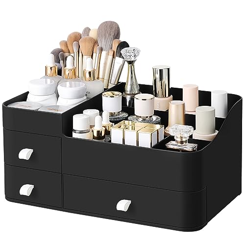 Cologne Perfume Organizer With Drawers,Large Perfumes Vanity Countertop Storage,Perfume Stand for Cologne, Deodorant, Beard, Shaving Lotion,Skincare,Dresser Organizer Room Decor for Men,Gifts for Men - color: Black-Large