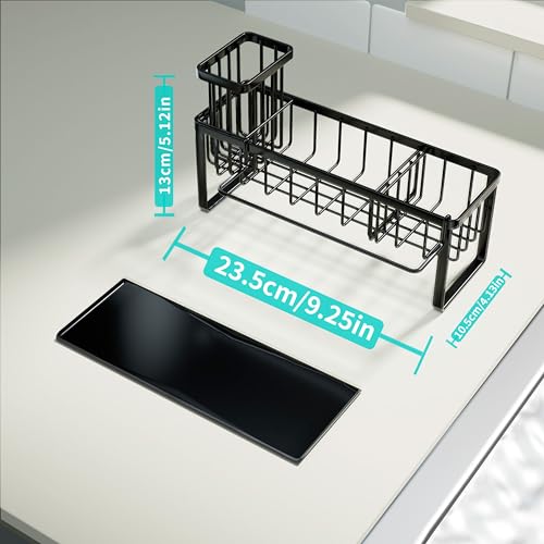 HapiRm Sponge Holder for Kitchen Sink - Self-draining Sink Caddy with Brush and Dishcloth Holders with Sloping Drainage - Black - color: Black-sloping, size: with Dishcloth Holder