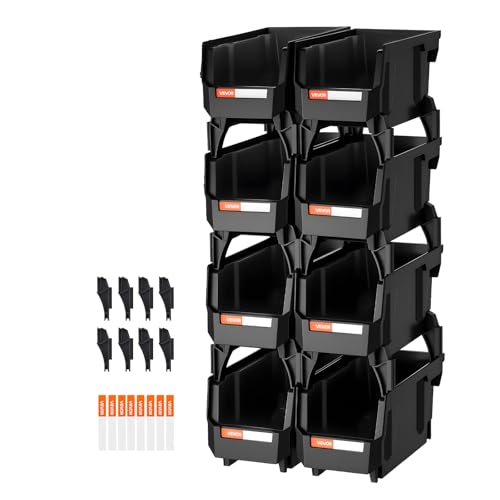 VEVOR Plastic Stackable Storage Bins, 10.9 x 5.5 x 5.1 inch (8 Pack), Plastic Containers for Organizing and Storage Bins for Closet, Garage, Small Parts, Office Supplies and Other Accessories, Black - color: Black, size: 5L