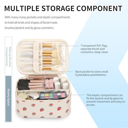 OCHEAL Makeup Bag,Travel Makeup Organizer Bag, Large Capacity Cosmetic Bags For Women Large Travel Toiletry Bag Girls Traveling With Brush Slot And Divider-PU Strawberry - color: 0020_Strawberry, size: Medium