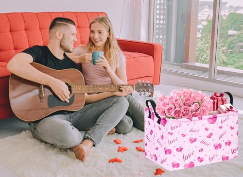Rec Heart Print Box Hamper Storage Basket Collapsible Organizer Bin Gift Shelf Baskets for Home and Kitchen Storage - color: Purple love