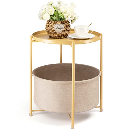 danpinera Round Side Table with Fabric Storage Basket, Metal Side Table Small Bedside Nightstand with Removable Tray Top for Living Room, Bedroom, Nursery, Laundry, Pale Yellow - color: Pale Yellow